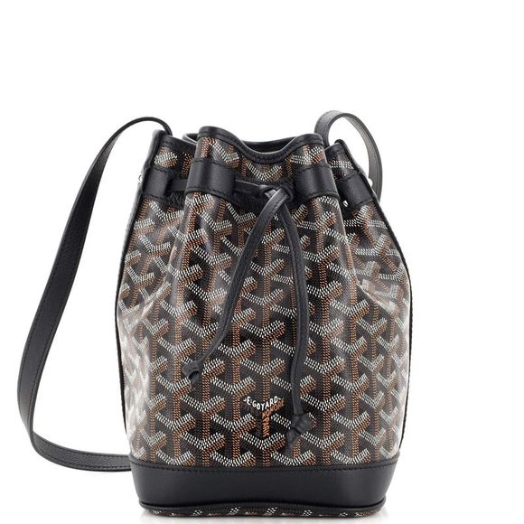 PETIT FLOT BUCKET BAG 22 IN BLACK GOYARDINE CANVAS AND TAN LAMBSKIN TRIM